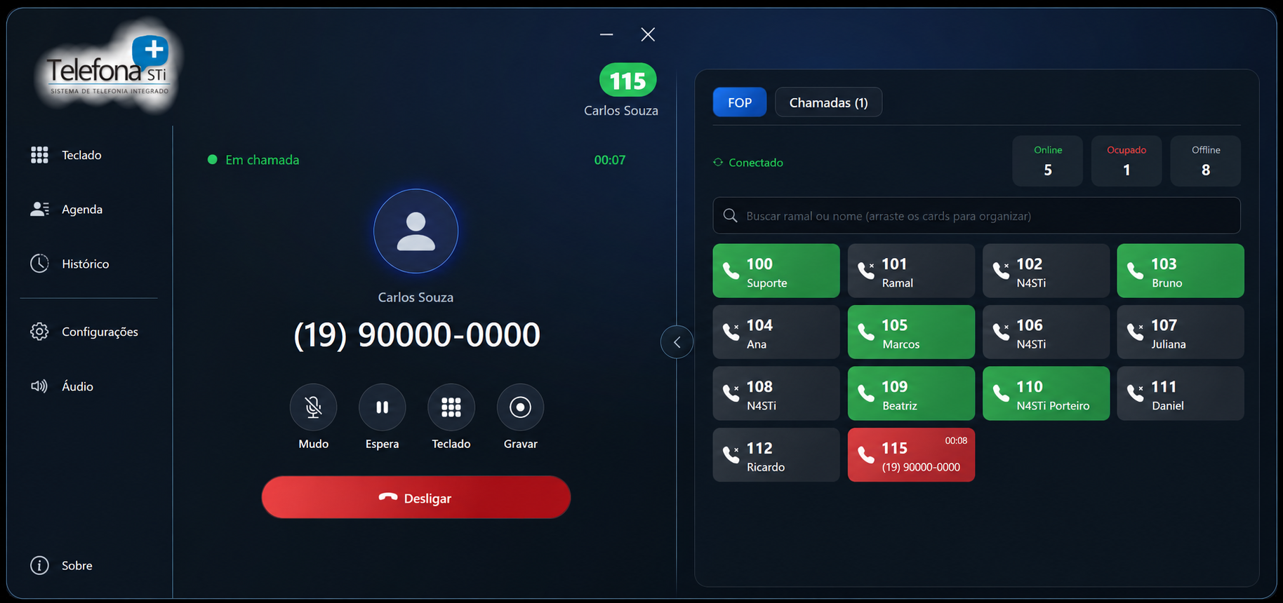 Softphone Telefona STi em uma chamada com painel de ramais e status em tempo real