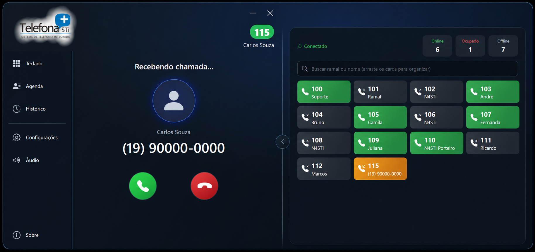 Softphone Telefona STi identificando uma chamada recebida e exibindo os ramais disponíveis
