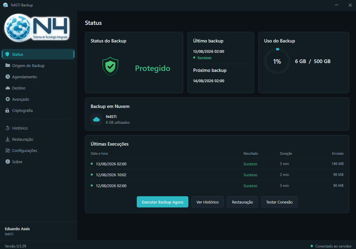 Executável N4STi Backup mostrando equipamento protegido, último e próximo backup, uso do armazenamento e histórico de execuções