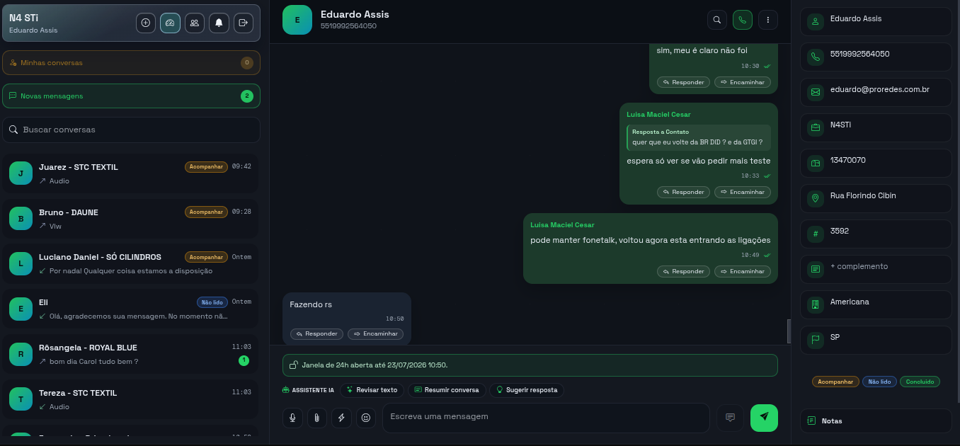 Tela protegida do atendimento por WhatsApp Oficial com lista de conversas, mensagens e informações do contato